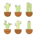 Sticker pack with linear colorful cactuses. Linear vector illustration with exotic cactus. Succulent outline set.