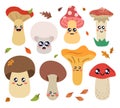 Sticker Pack, Set With Funny Mushrooms With Faces. Vector Flat Illustration