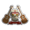 Sticker pair acoustic guitar musical with decorative ornamental sugar skull and ribbon