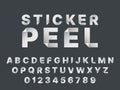 Sticker peel font. Realistic sticky peel off english alphabet, curl white paper graphic elements, trendy latin letters