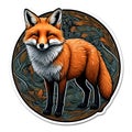 A sticker with a picture of a fox on it, fox anima on a white background.