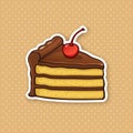 Sticker a piece of cake with chocolate cream and cherry Royalty Free Stock Photo