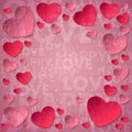 Sticker from pink and red paper hearts and confetti, sparkles, dust with lettering love and happy on pink background. Vector