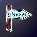 Sticker pointer with the word adventure. Hand drawing of a flag on a wooden pole.