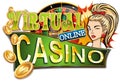 Sticker. Virtual online casino with a pretty girl, roulette and coins. An additional PNG format is available.