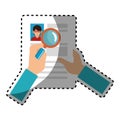 Sticker search with loupe in woman file info with curriculum vitae sheet