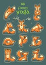 Sticker set of cartoon funny foxes doing yoga position.