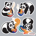 Sticker set of cute pandas eating ramen noodles