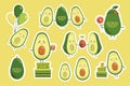 Sticker set of cute smiling avocado characters. Kawaii isolated vector stickers. Sticker avocado bundle. Birthday party