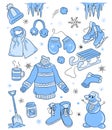 Sticker set with cute snowmen, hat, scarf and other winter objects. Christmas and New Year design. Flat cartoon style Royalty Free Stock Photo