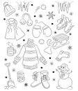 Sticker set with cute snowmen, hat, scarf and other winter objects. Christmas and New Year design. Flat cartoon style Royalty Free Stock Photo