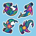 Sticker set of four bright floral hammerhead shark in hand drawn style Royalty Free Stock Photo