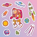 Sticker set of galaxy cosmic elements astronaut, earth, satellite, comet, planet, sun, rocket and meteorite univerce