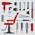 Sticker set of hairdresser objects in flat style on gray background. Hair salon equipment and tools, hairdryer, comb