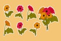 Sticker set of hand drawn blooming gerberas Royalty Free Stock Photo