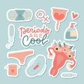 Sticker set of menstruation, period elements, uterus. Collection of flowers, tampon, female womb, pads, cup, panties