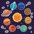 Sticker set of solar system with cartoon planets