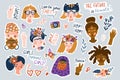 Sticker set of women of different nationalities and religions. Cute and funny girls characters with funny phrases. Feminism concep