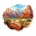 Colorful Woodcarving Sticker Of Rocky Mountains In The Desert