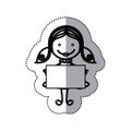 sticker sketch silhouette caricature girl with hair pigtails and banner