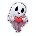 Sticker smiling ghost holding a heart isolated background. Heart as a symbol of affection and