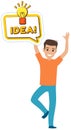 Sticker, speech bubble above head of dancing guy. Man creates new idea with light bulb icon Royalty Free Stock Photo