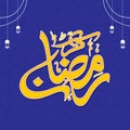 Sticker Style Arabic Calligraphy Of Ramadan Kareem With Lanterns Hang On Blue Moroccan Tiles Pattern Royalty Free Stock Photo