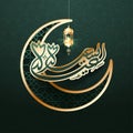 Sticker style arabic text Eid Sayeed with crescent moon and hanging lantern on green islamic pattern background can be used as Royalty Free Stock Photo