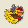 Sticker Style Big Fruits Bowl and Juice Glass Isolated on Beige