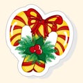 Sticker Style Candy Stick With Decorative Holly Berry Leaves, Bow Ribbon Icon In Flat