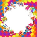 Sticker style carnival celebration elements such as jester hat, balloons, lip, mask, prop and trumpet.