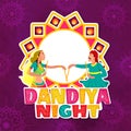 Sticker style, colorful, doodle text Dandiya Night, couple performing traditional dance with blank floral frame on abstract