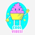 Sticker Style Cool Vibes! Font With Funny Cupcake On Cyan And Gray