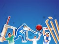 Sticker style cricket sport elements such as bat, ball wicket stumps and players in different playing action on glossy blue