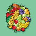 Sticker Style Fresh Fruits Bunch on Green