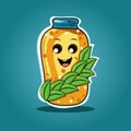 Sticker Style Happy Bottle Mascot with Leaves on Teal