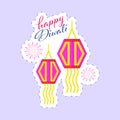 Sticker Style Happy Diwali Font With Traditional Lanterns Kandeel Hang And Fireworks On Pastel Violet