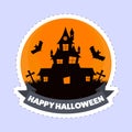 Sticker Style Happy Halloween Font With Haunted House, Flying Bats, Cemetery View On Orange And Blue