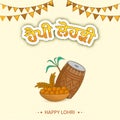 Sticker Style Happy Lohri Punjabi Text With Dhol Drum Instrument, Wheat Ear, Sugarcane, Indian Sweet Ladoo Bowl And Bunting