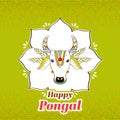 Sticker Style Happy Pongal Font with Doodle Style Cow or Bull Face on Light Green Rusty