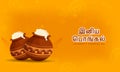 Sticker Style Happy Pongal Text Written In Tamil Language With Clay Pots Full Of Pongali Rice, Wheat Ear On Orange Royalty Free Stock Photo