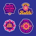 Sticker Style Happy Raksha Bandhan Font With Wristband Rakhi In Four Options On Blue