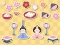 Sticker-style Hinamatsuri item set. Hina-sama, sakura mochi, dumplings, hina-arare