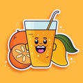 Sticker Style Orange with Mango and Juice Glass Cartoon on Chrome Yellow