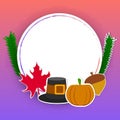 Sticker style pilgrim hat, pumpkin, wheat ear, acorn, maple leaf and empty circular frame given for your message on pink and