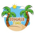 Sticker Style Summer Time Font With Two Coconut Tree, Sunny, Clouds On Blue And White