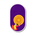 Sticker Style Top View Of Indian Woman Made Star Rangoli Over Purple Oval