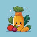 Sticker Style Vegetable Ingredients Product Bottle Cartoon Mascot on Blue