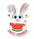 Sticker Sweet Summer. Greeting postcard. Little cute rabbit or hare is eating a slice of watermelon