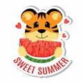 Sticker Sweet Summer. Greeting postcard. Little cute tiger is eating a slice of waterlemon